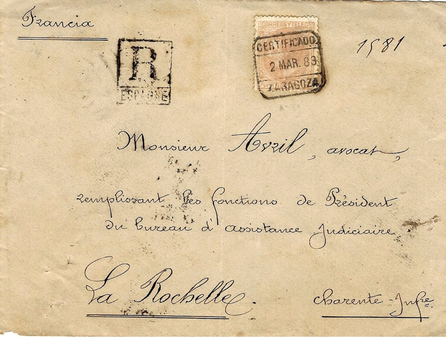 1883- DEVANT ( Front  ) D'enveloppe RECC.  De Zaragoza Pour La Rochelle  Affr. Y & T N°189 - Cartas & Documentos