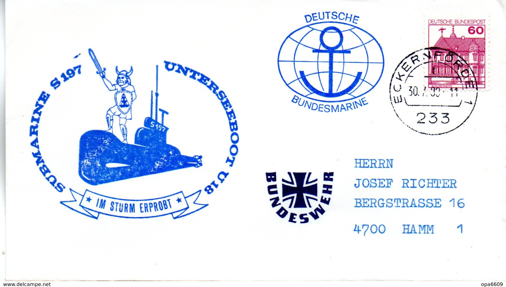 (UB) BRD Umschlag M. Cachet-Zudruck "SUBMARINE S197 UNTERSEEBOOT U18" EF BRD Mi 1028 TSt 30.4.80 ECKERNFÖRDE 1 - Sous-marins