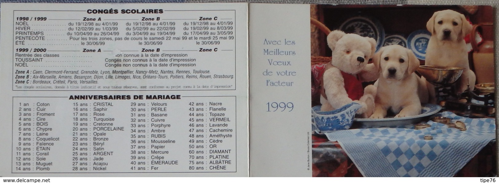 Petit Calendrier De Poche 1999 Voeux Facteur De La Poste Lavigne Chien Chiot Ours En Peluche - Petit Format : 1991-00