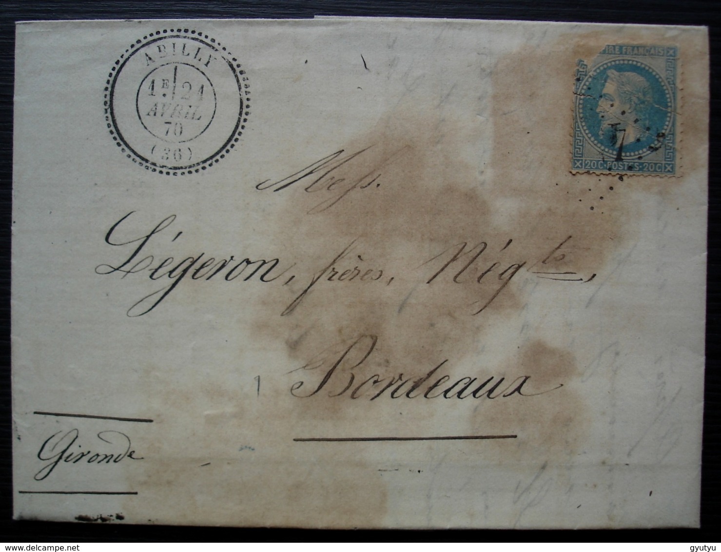 Abilly 1870 (Indre-et-Loire) Joli Cachet Sur Une Lettre De A Conty , Rives Par Abilly Pour Bordeaux (Timbre Abimé) - 1849-1876: Classic Period