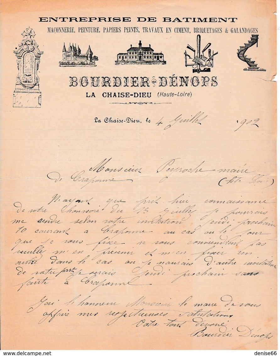 1902 - LA CHAISE-DIEU - Entreprise De Bâtiment - BOURDIER-DENOPS - Documents Historiques