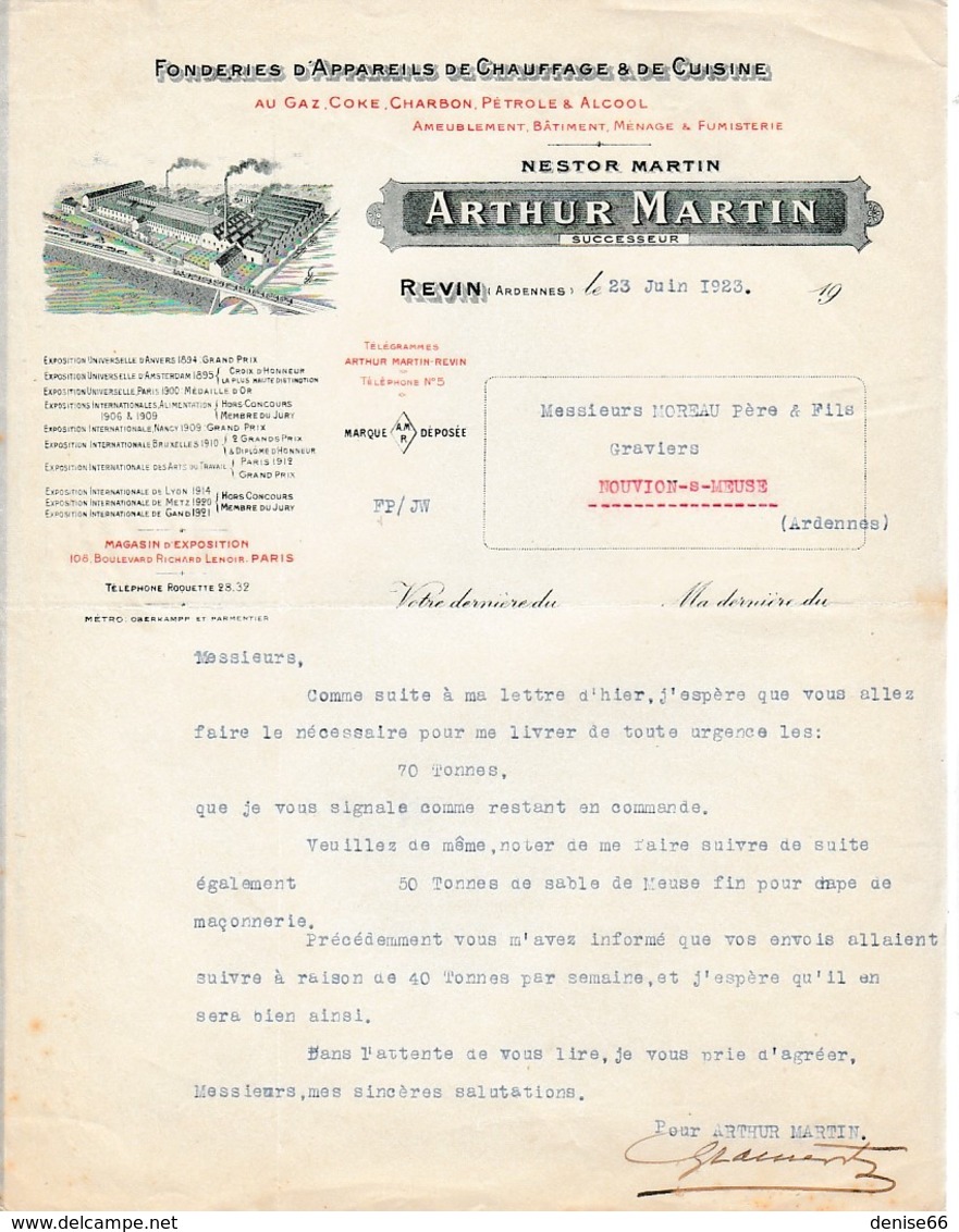 1923 - REVIN (08) ARTHUR MARTIN - Fonderie D'Appareils De Chauffage & De Cuisine - Historische Dokumente