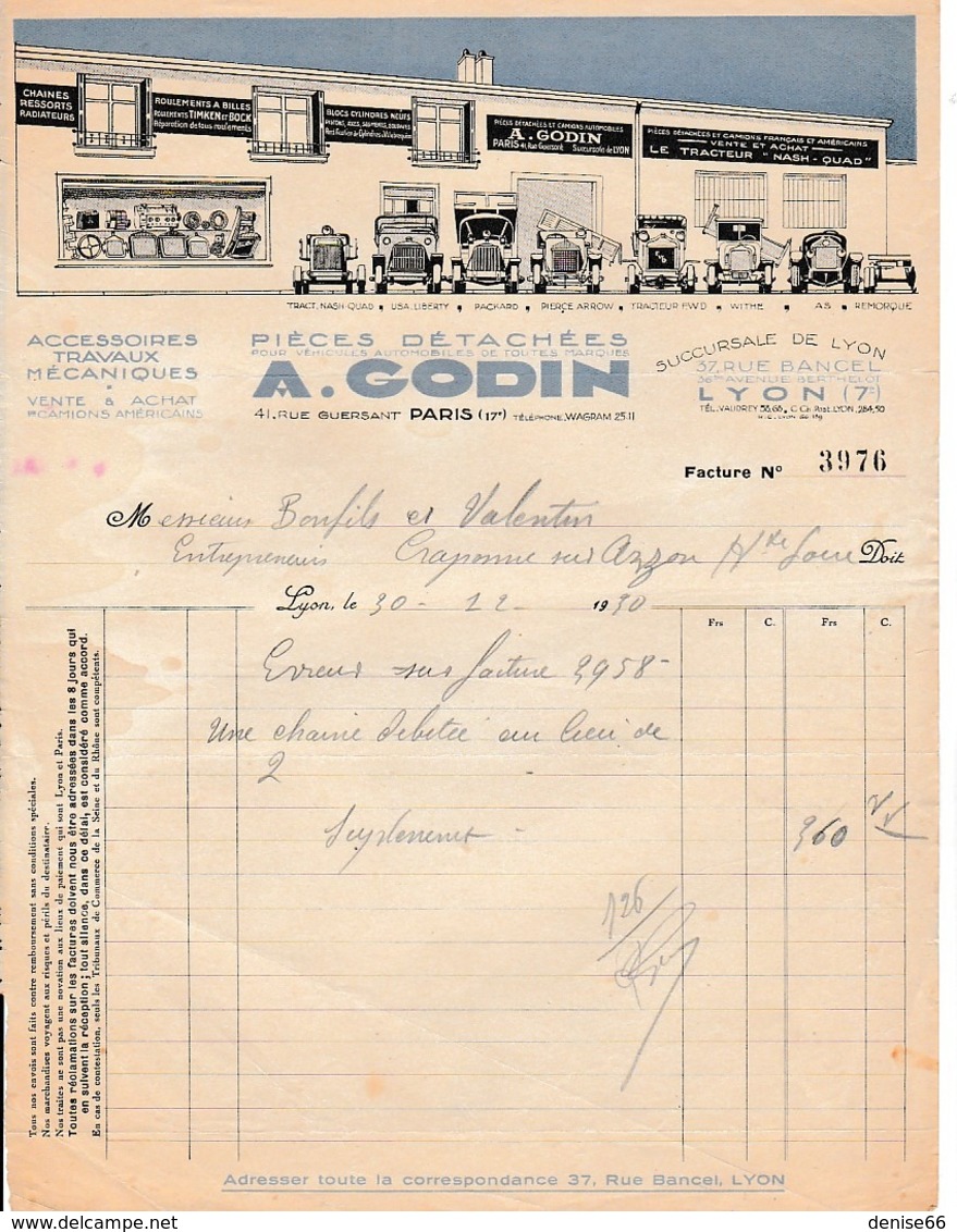 1930 - LYON - Pièces Détachées Pour Véhicules Automobiles A.GODIN - Documents Historiques