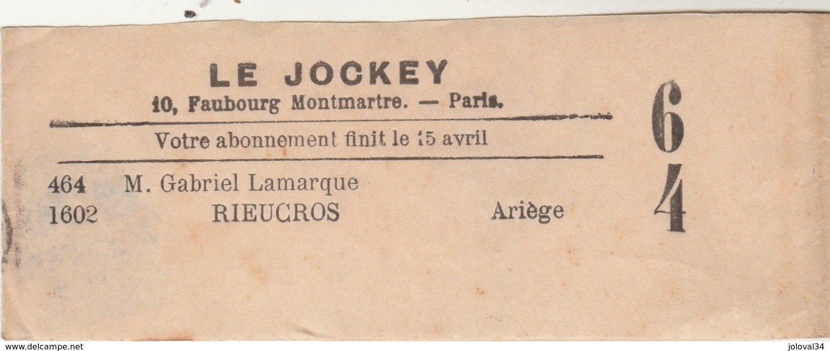 Yvert 88 Sage Sur Bande Journal Le Jockey Oblitération PARIS JOURNAUX Pour Rieucros Ariège - 1877-1920: Période Semi Moderne
