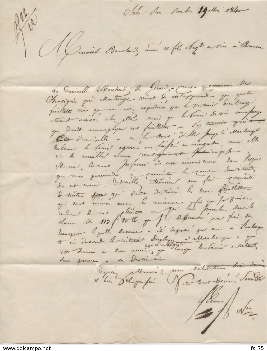 BELGIQUE - T18 SOLRE SUR SAMBRE SUR LETTRE AVEC CORRESPONDANCE POUR LA FRANCE, 1840 - 1830-1849 (Belgique Indépendante)