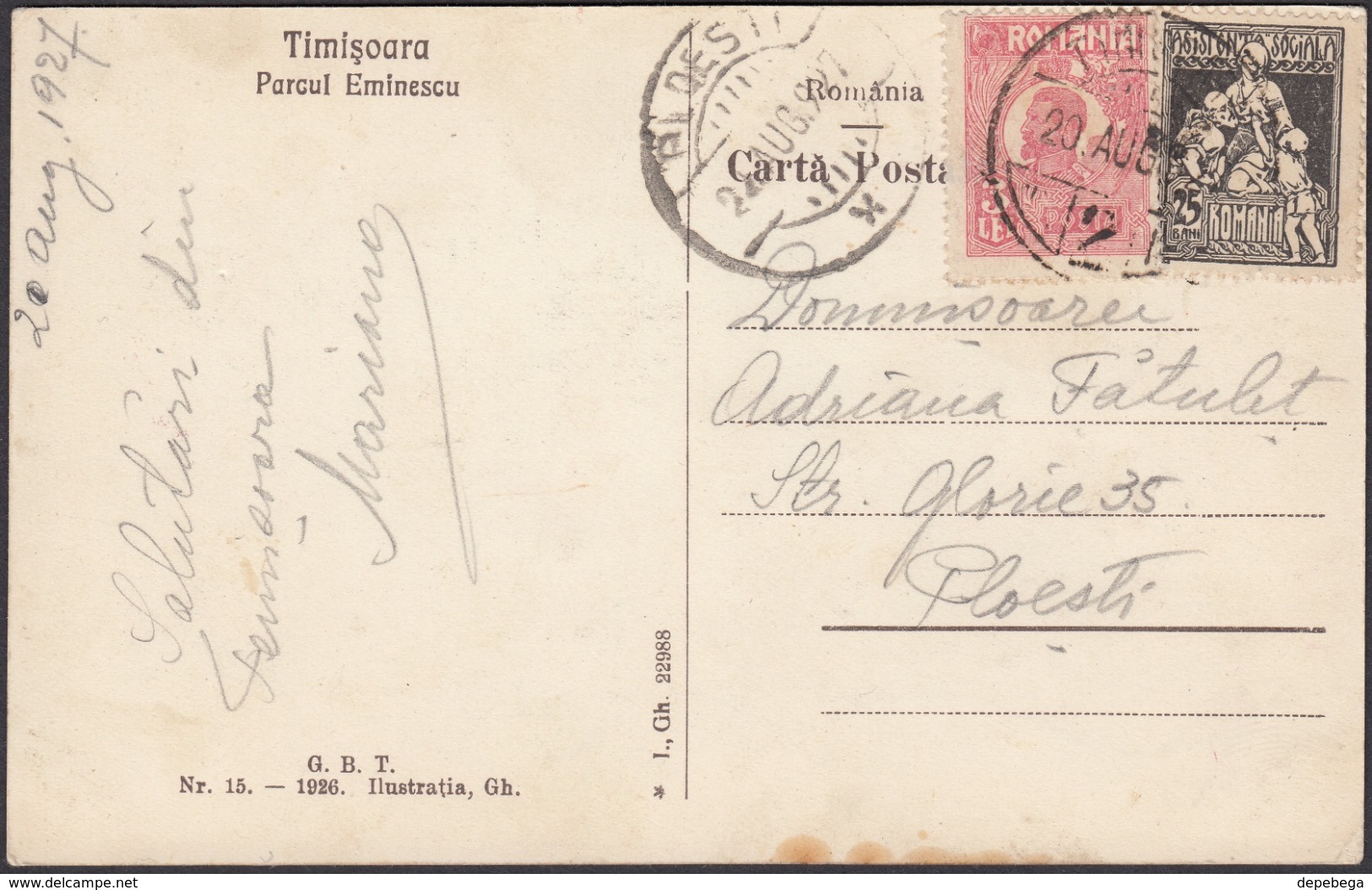 Romania - Timisoara, Parcul Eminescu, 1926 (G.B.T. Nr. 15). - Romania