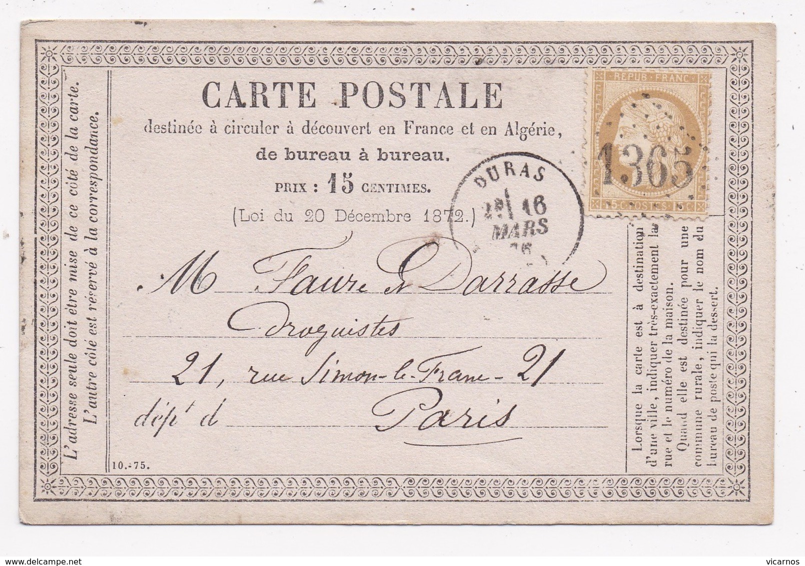 CARTE POSTALE TYPE CERES 15c Bistre Sur Lettre Duras à Paris - 1849-1876: Periodo Classico