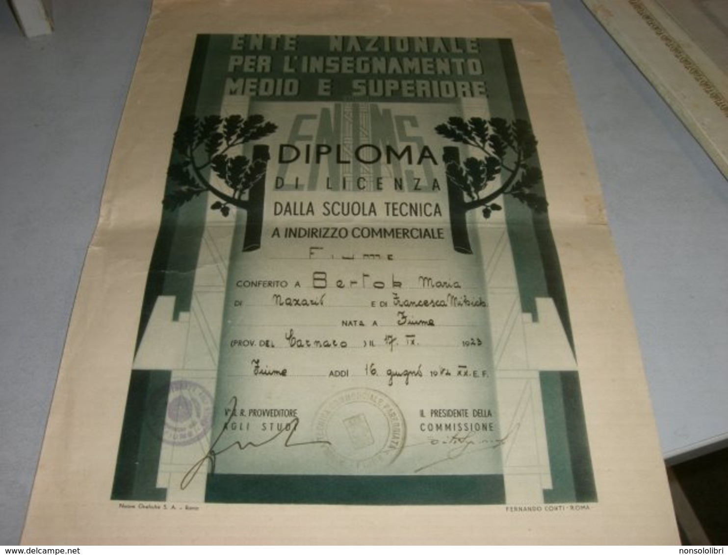 DIPLOMA ANNO SCOLASTICO 1941-42 CITTA' DI FIUME - Diplômes & Bulletins Scolaires