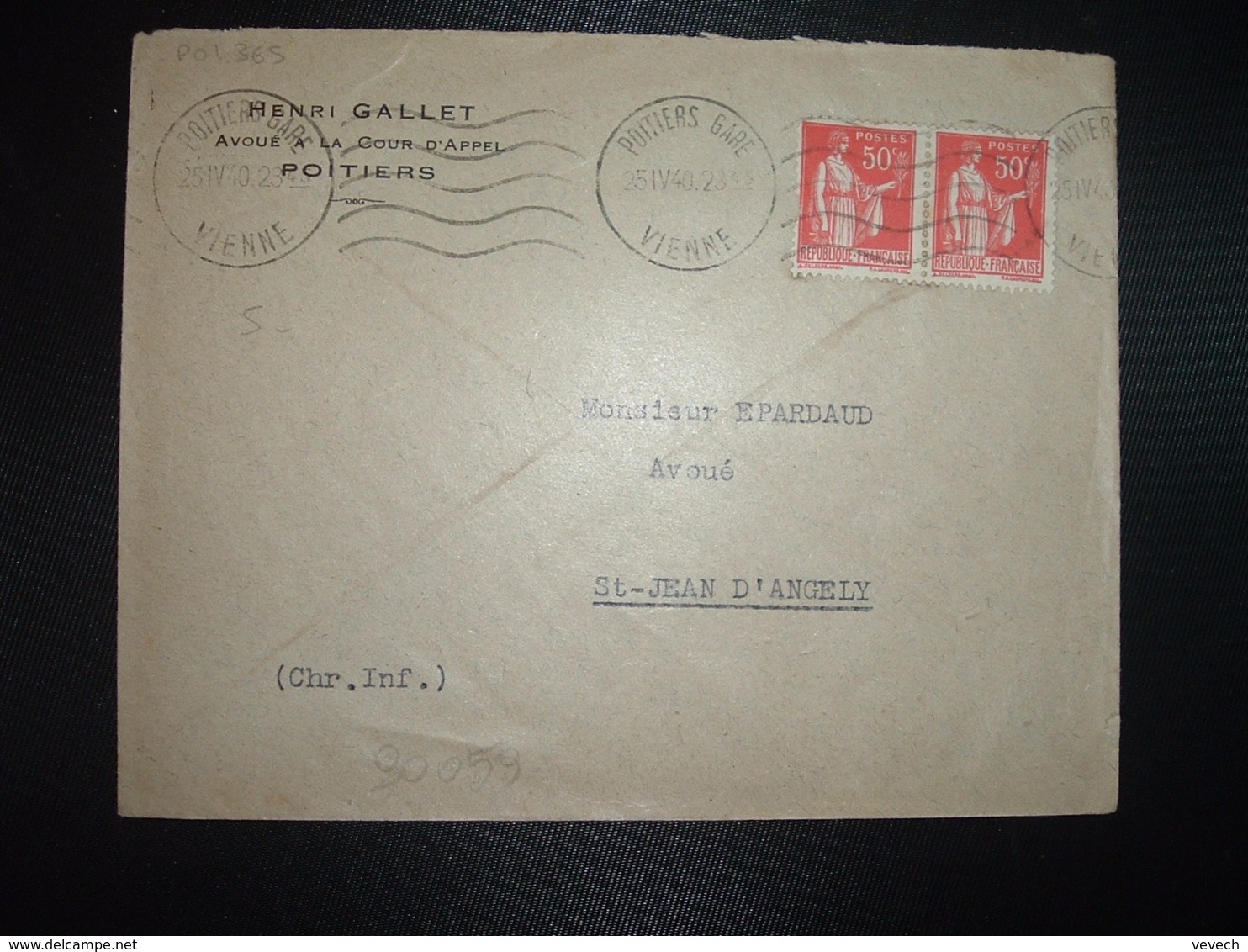 LETTRE TP PAIX 50c Paire OBL.MEC.25 IV 40 POITIERS GARE VIENNE (86) HENRI GALLET Avoué - Altri & Non Classificati