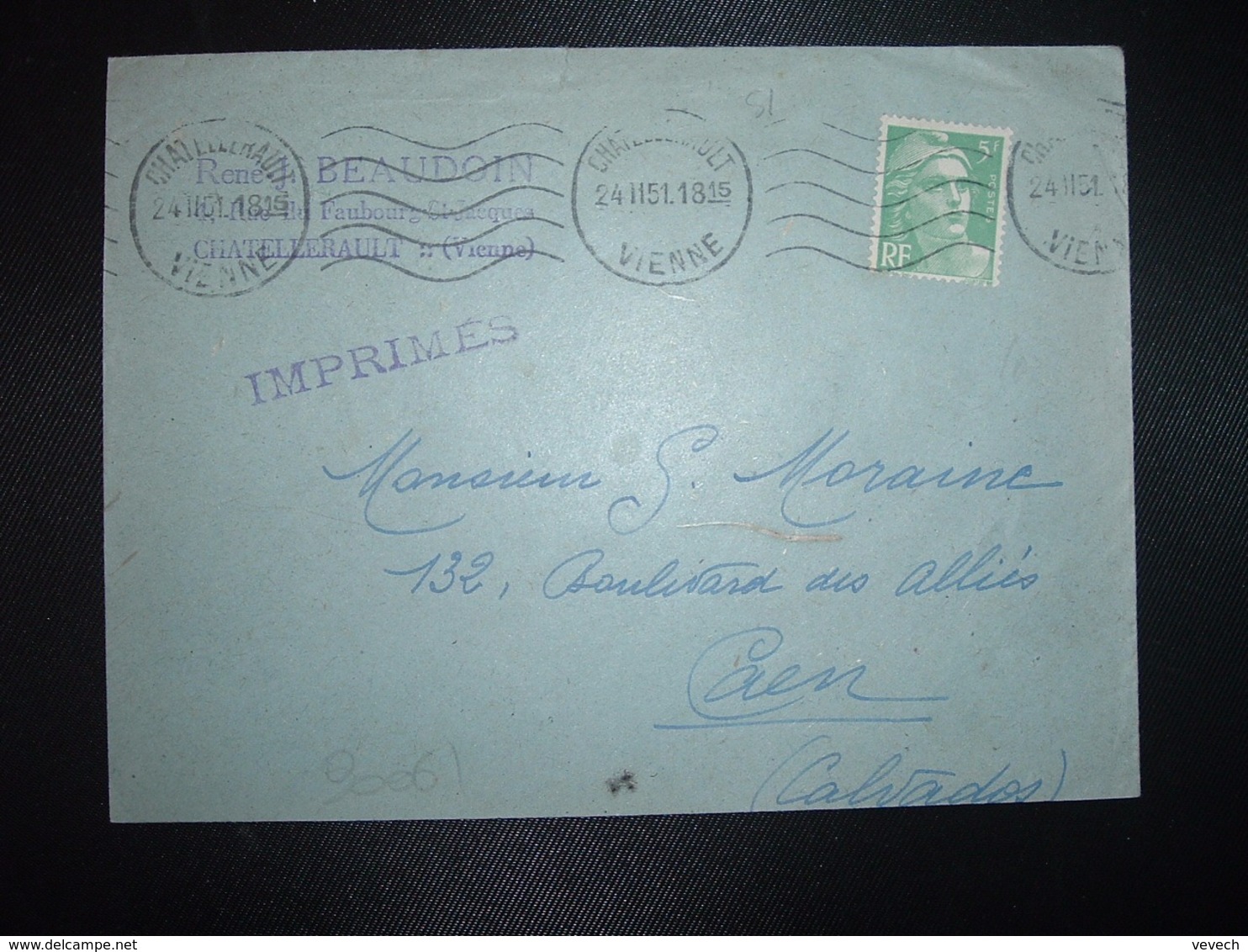 LETTRE TP M. DE GANDON 5F OBL.MEC.24 II 51 CHATELLERAULT VIENNE (86) RENE J. BEAUDOIN - Altri & Non Classificati