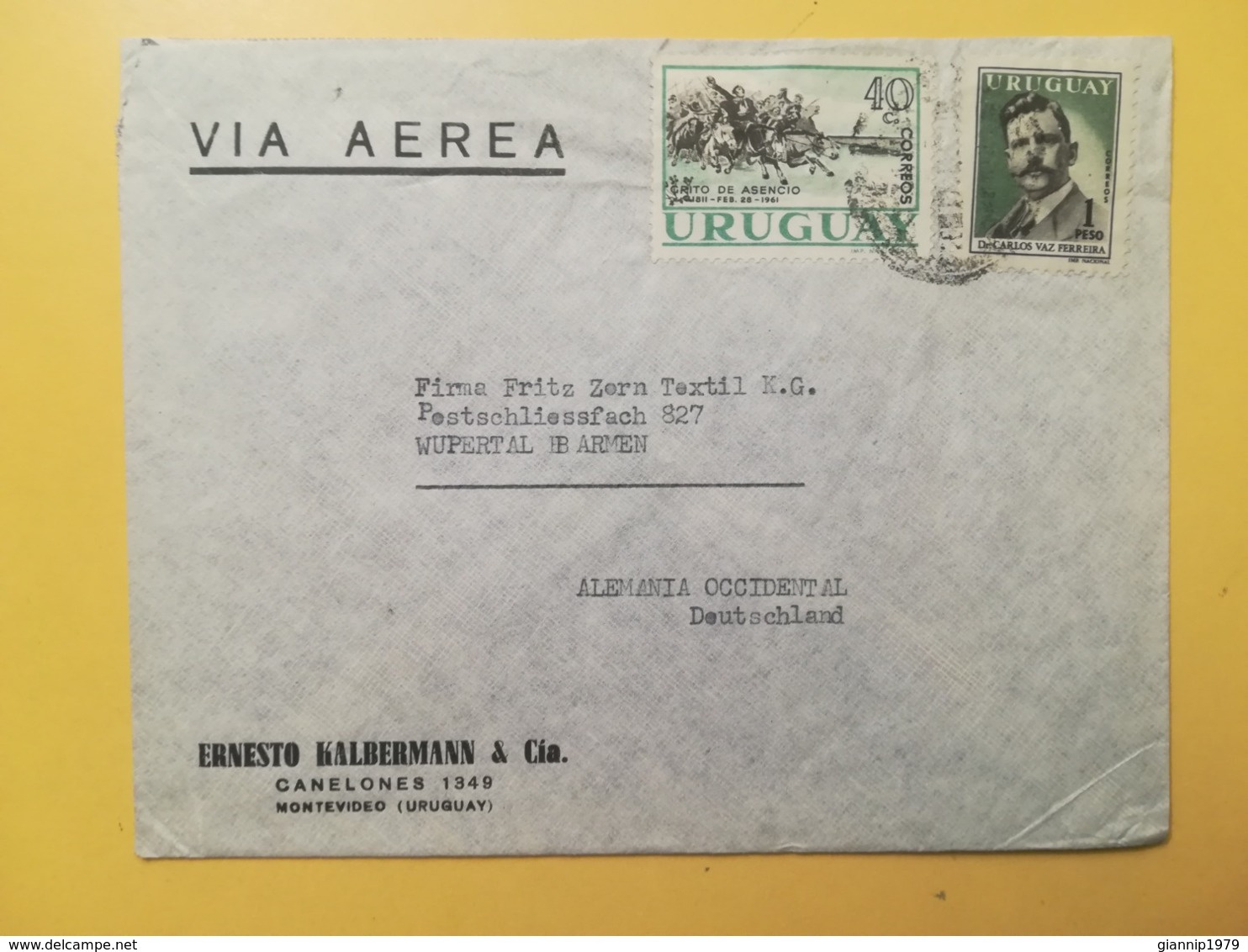 1959 BUSTA INTESTATA URUGUAY STORIA POSTALE BOLLO CARLOS VAZ FERREIRA REVOLUTION VIA AEREA ANNULLO - Uruguay