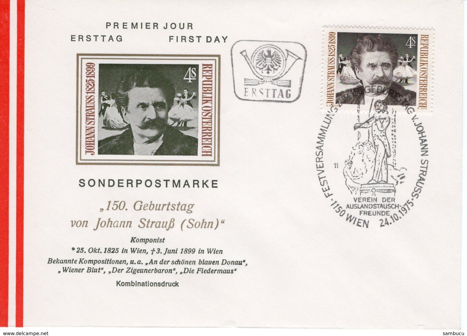 FDC - 150. Geburtstag Von Johann Strauß 24.10.1975 Ersttag - FDC