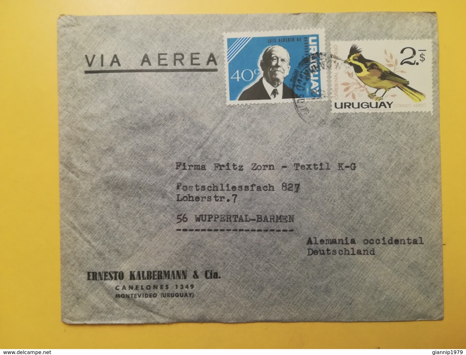 1962 BUSTA INTESTATA URUGUAY STORIA POSTALE BOLLO LOUIS ALBERTO HERRERA BIRDS VIA AEREA ANNULLO AIRMAIL - Uruguay