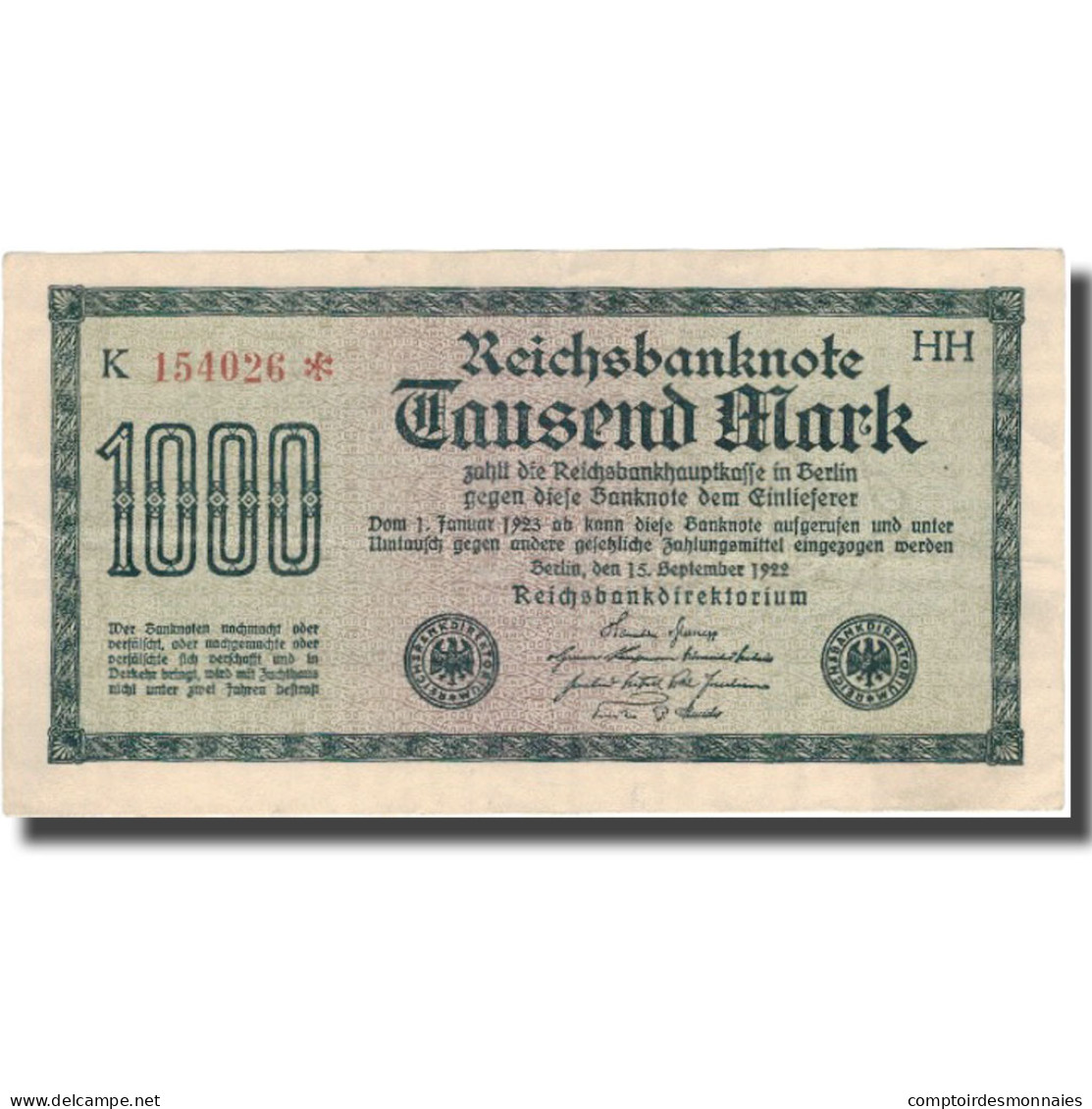 Billet, Allemagne, 1000 Mark, 1922, 1922-09-15, KM:76c, SUP+ - 1000 Mark