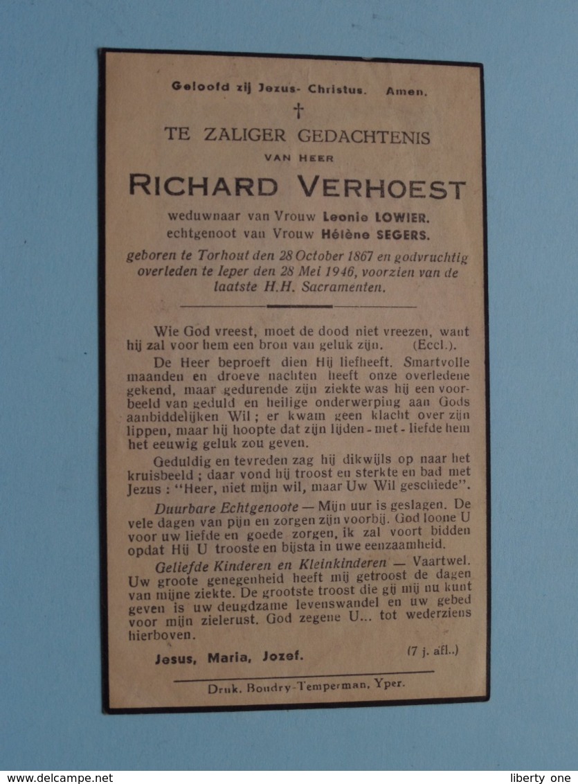 DP Richard VERHOEST ( Lowier & Segers ) Torhout 28 Oct 1867 - Ieper 28 Mei 1946 ( Details Zie Foto's ) ! - Obituary Notices