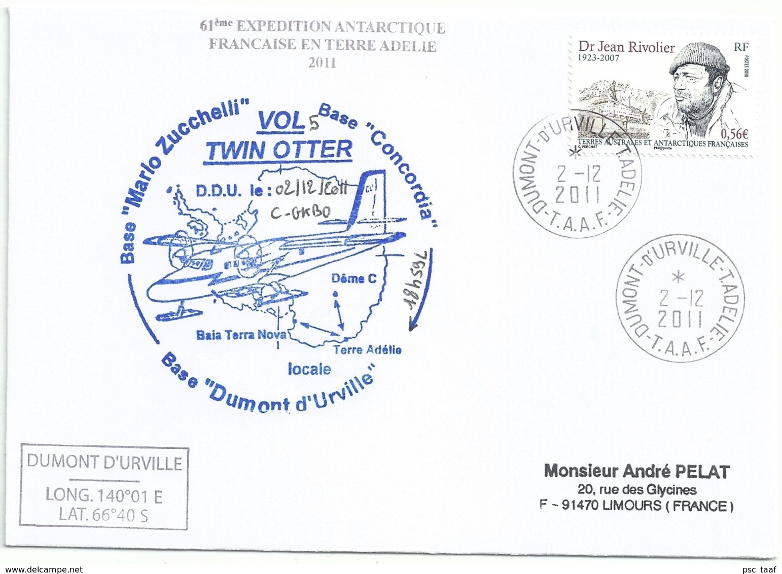 YT 557 - Dr Jean Rivolier - Courrier Par Avion Twin Otter Vers La Base Concordia - Dumont D'Urville - 02/12/2011 - Storia Postale