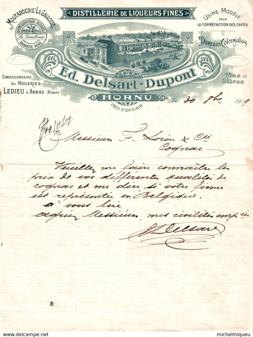 9101  -2019   FACTURE DISTILLERIE  ED. DELSART-DUPONT A HORNU - 1900 – 1949