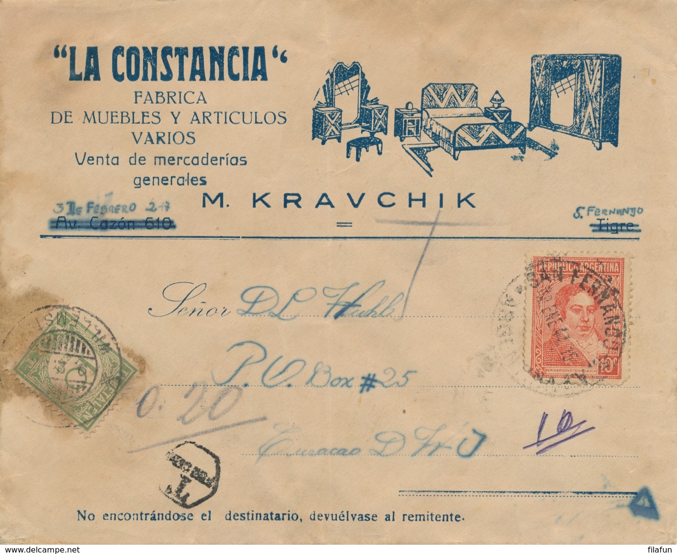 Argentina / Curacao - 1937 - 10 Cent Port P23 Enkelfrankering Op Taxed Businesscover Van San Fernando Naar Curacao - Niederländische Antillen, Curaçao, Aruba