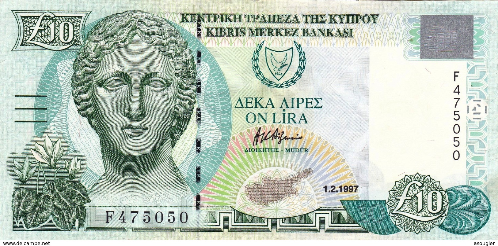 CYPRUS (GREECE) 10 POUNDS 1-2-1997 VF-EXF P-59  "free Shipping Via Registered Air Mail" - Cyprus