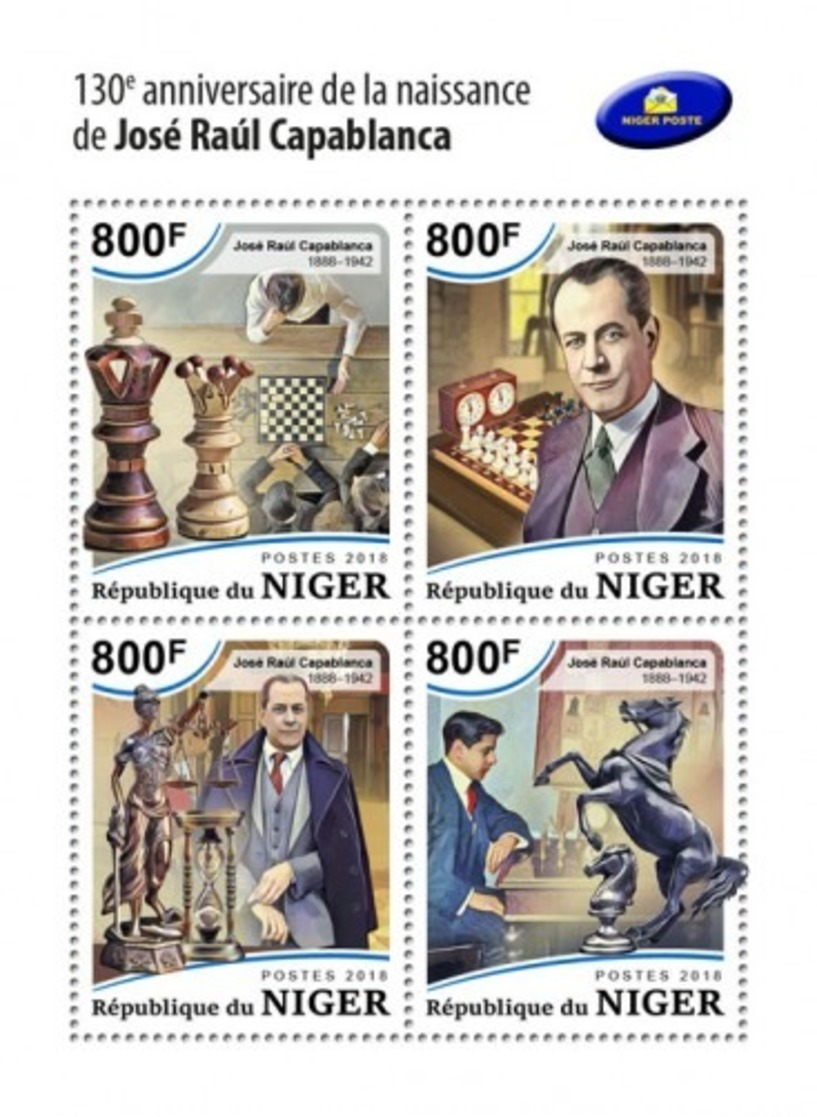 NIGER REP - 2018 - Chess, Jose Raul Capablanca - Perf 4v Sheet - M N H - Níger (1960-...)