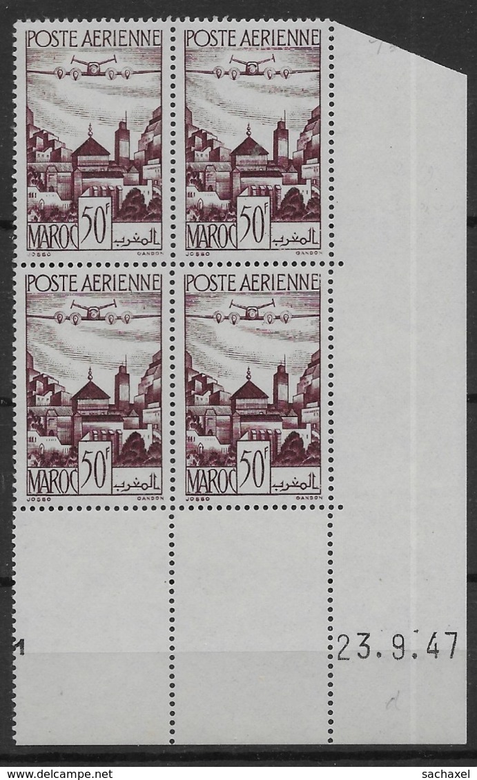 1947 Maroc N° PA 62 Nf** MNH. ' Bloc Coin Daté 32. 9. 47 ). Poste Aérienne . Les Remparts De Salé. - Aéreo