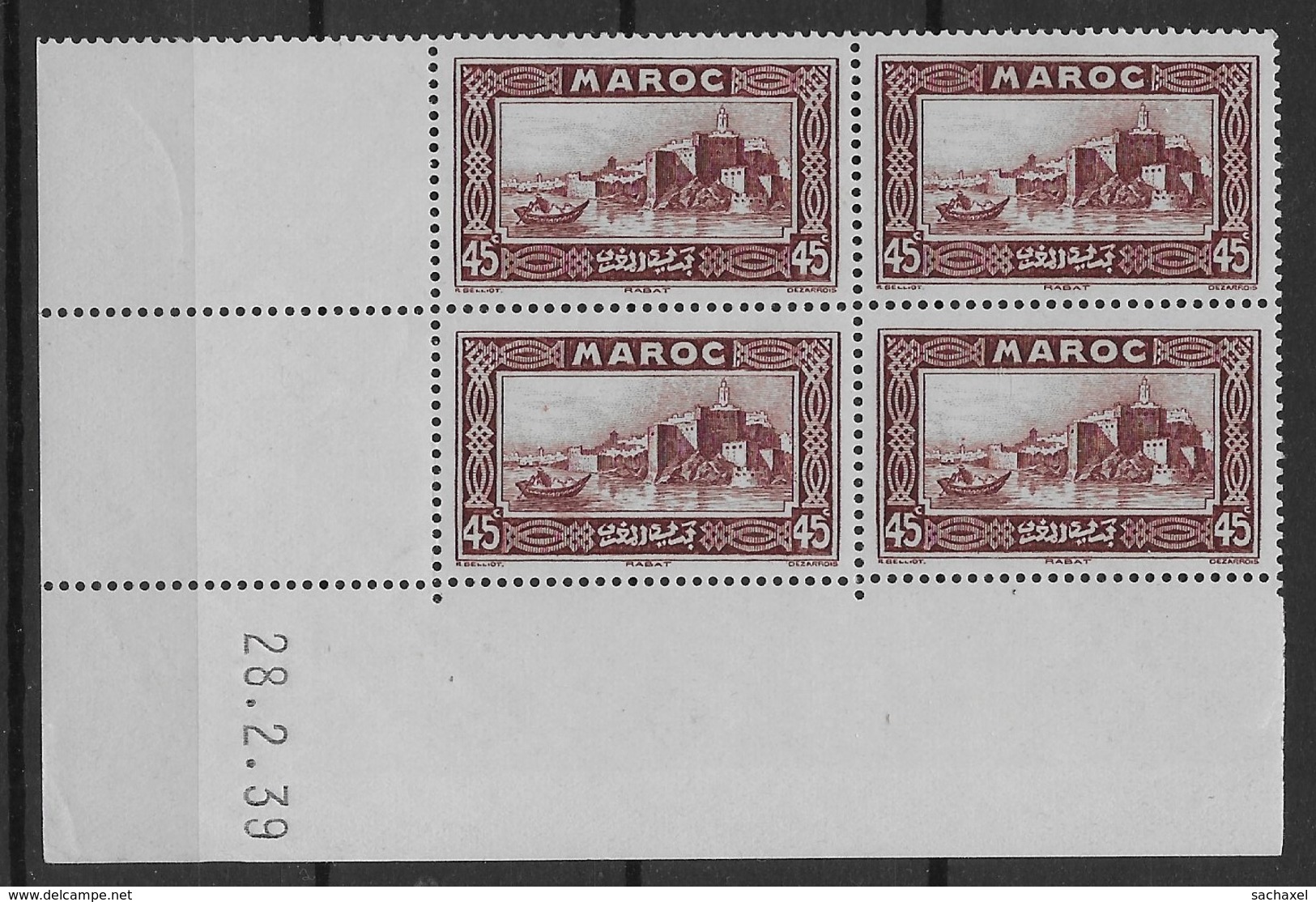 1933-34 Maroc N° 138 Nf** MNH. '( Bloc Coin Daté 28. 2. 39 ). Kasbah Des Oudaïas (Rabat). - Nuovi