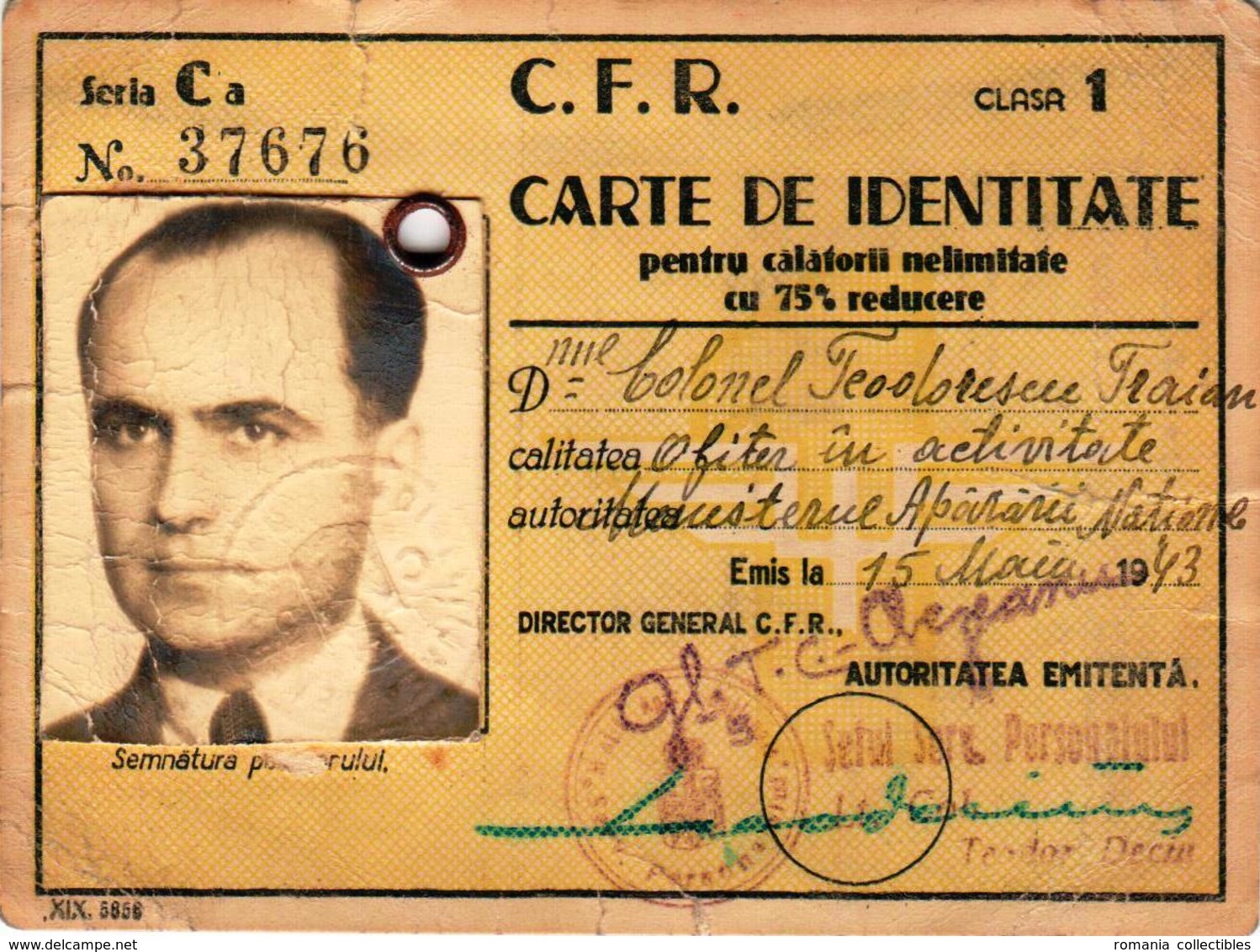 Romania, 1943, Romanian Railways CFR Identity Card - Revenue Fiscal Stamps / Cinderellas - Sonstige & Ohne Zuordnung