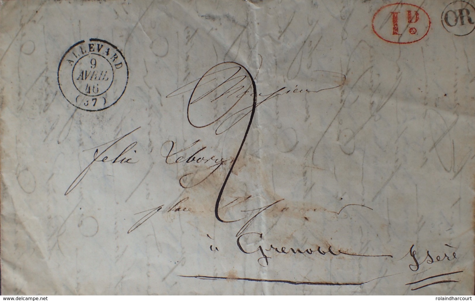 DF40266/638 - ✉️ Du 9 AVRIL 1848 - ALLEVARD (Isère) à GRENOBLE (Isère) - Taxe Manuscrite + OR (origine Rurale) + Id - 1801-1848: Précurseurs XIX