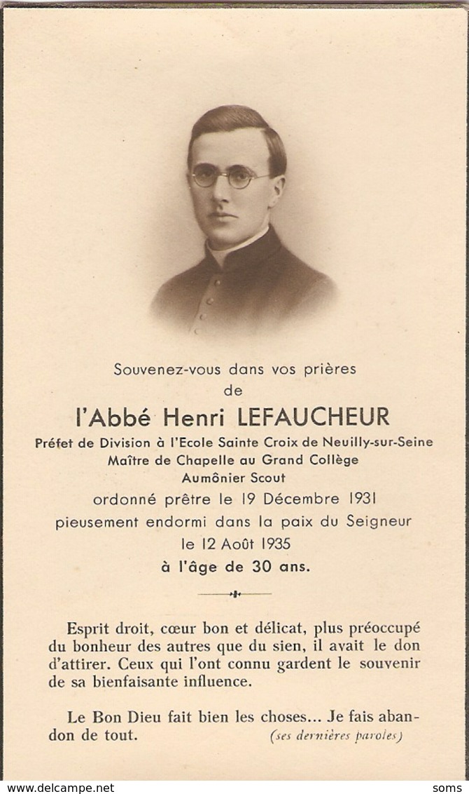 Faire-part De Décès, Abbé Henri Lefaucheur (+1935), Aumônier Scout, école Ste-Croix De Neuilly-sur-Seine, Me De Chapelle - Décès