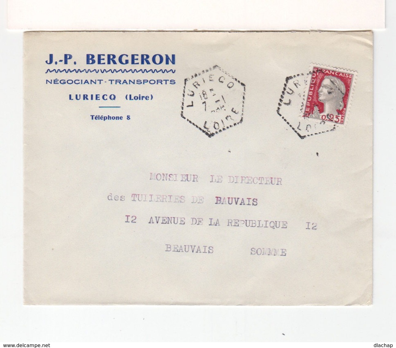 Sur Enveloppe De J.P. Bergeron Luriecq C. Agence Postale 1962 Hexagonal Tireté Luriecq Loire Sur M. De Decaris. (2577x) - 1961-....