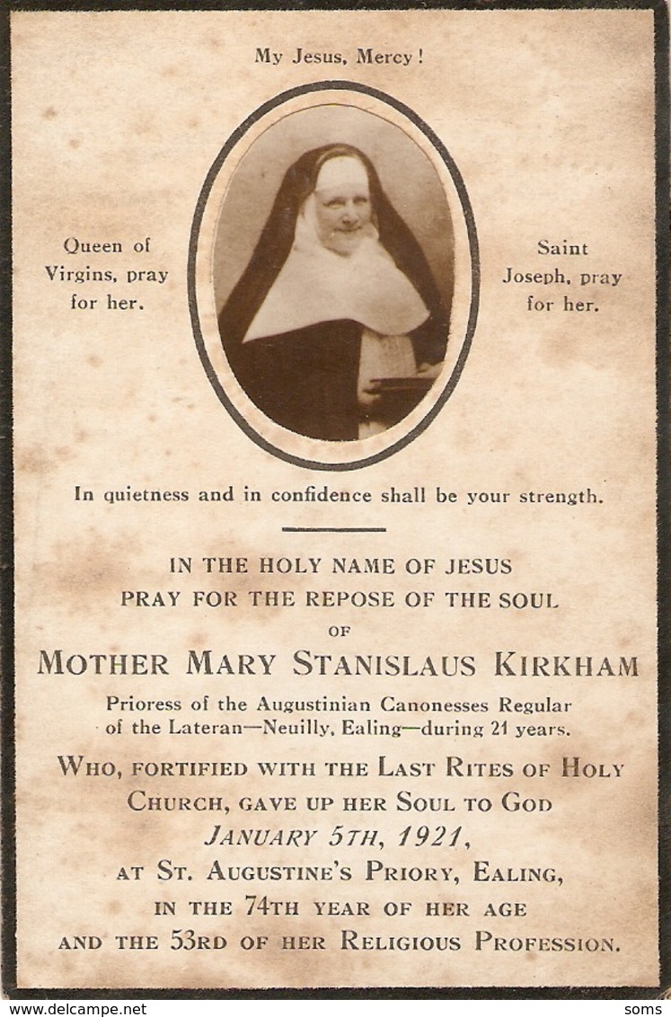 Pray For The Soul Of Mother Mary Stanislas Kirkham (+1921), Ealing, Prioress Of The Augustinian Canonesses - Décès