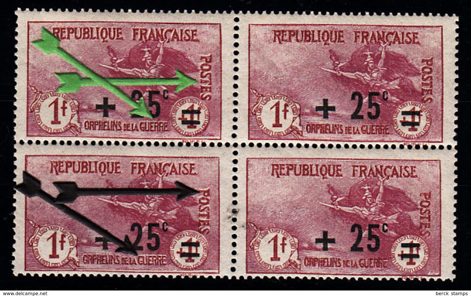 FRANCE - N° 168** - 25C SUR 1F/1F EN BLOC DE 4 AVEC VARIETES SUR 2 TIMBRES "HALO BLANC SUR GUERRE ET POSTES" - LUXE. - Unused Stamps