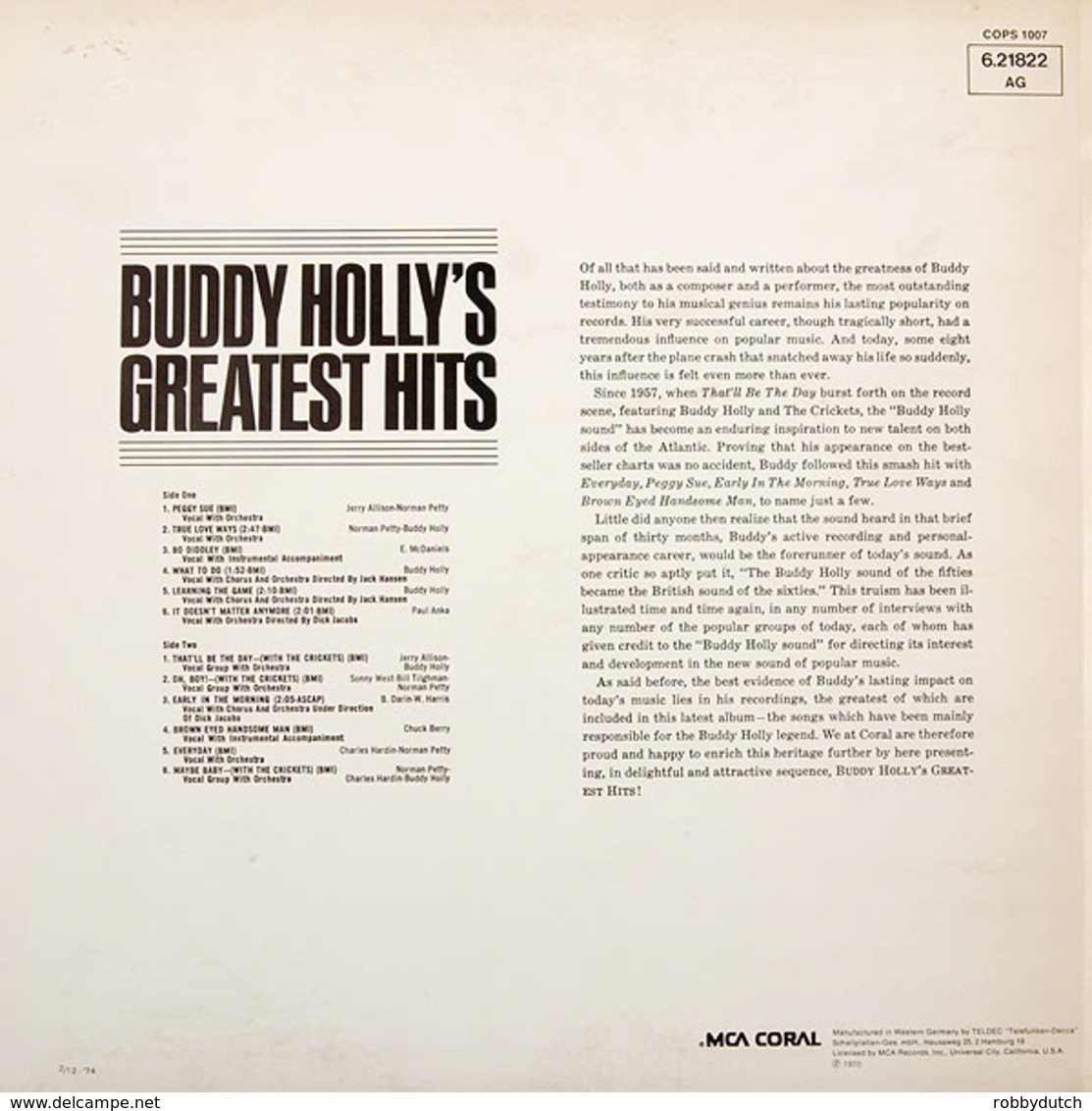 * LP *  BUDDY HOLLY' S GREATEST HITS (Germany 1970 EX!!!) - Rock