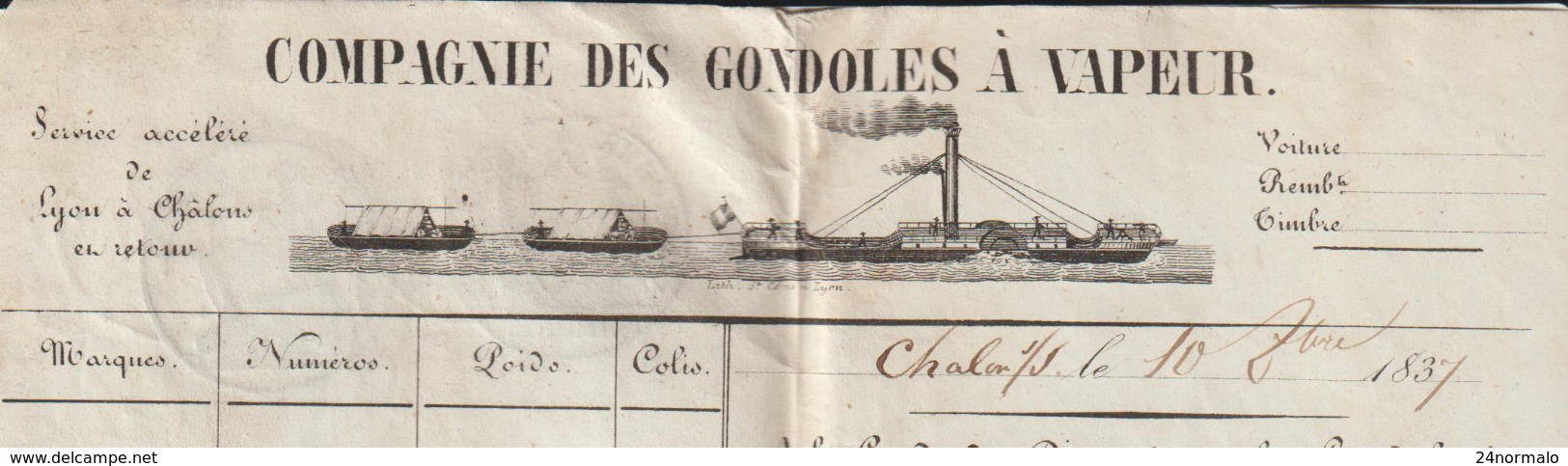 Lettre De Voiture Compagnie Des Gondoles à Vapeur Chalon Sur Saône 1837 - Transportmiddelen