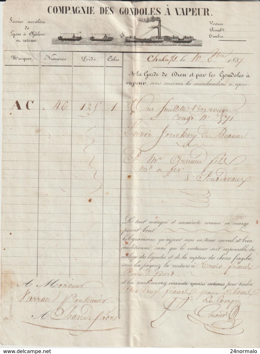 Lettre De Voiture Compagnie Des Gondoles à Vapeur Chalon Sur Saône 1837 - Transportmiddelen