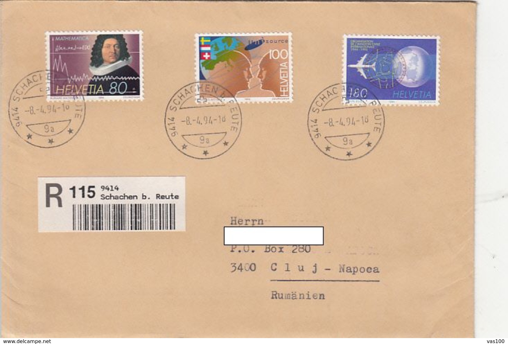 ANNIVERSARIES, MATHEMATICS, ORGANIZATIONS, PLANE, STAMPS ON REGISTERED COVER, 1994, SWITZERLAND - Lettres & Documents