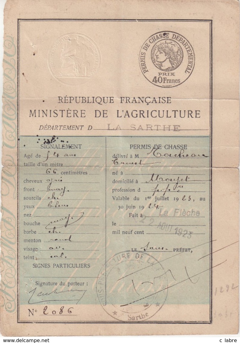 FRANCE : 44 F BLEU . 3 EX . SUR PERMIS DE CHASSE . 1926/28 . - Autres & Non Classés