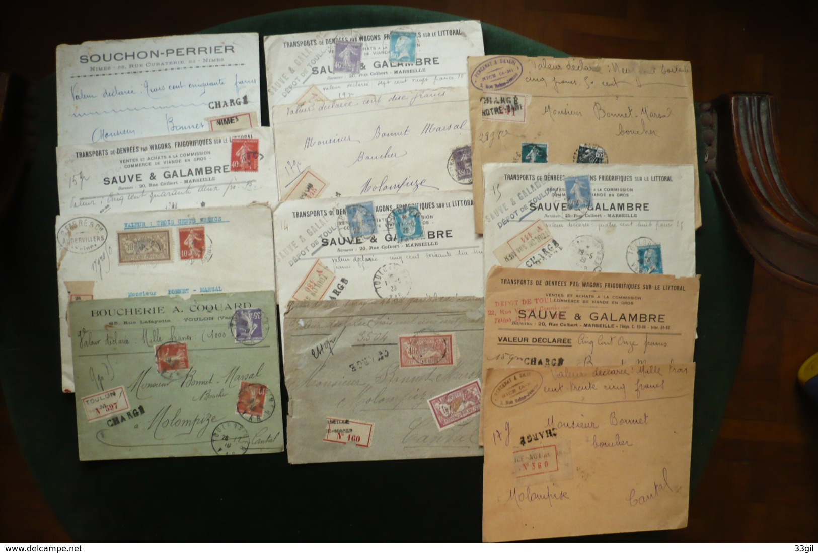 Lot 12 Lettres Chargées 1910/1931 Boucherie Semeuse Merson .....cachets Cire Rouge - Briefe U. Dokumente