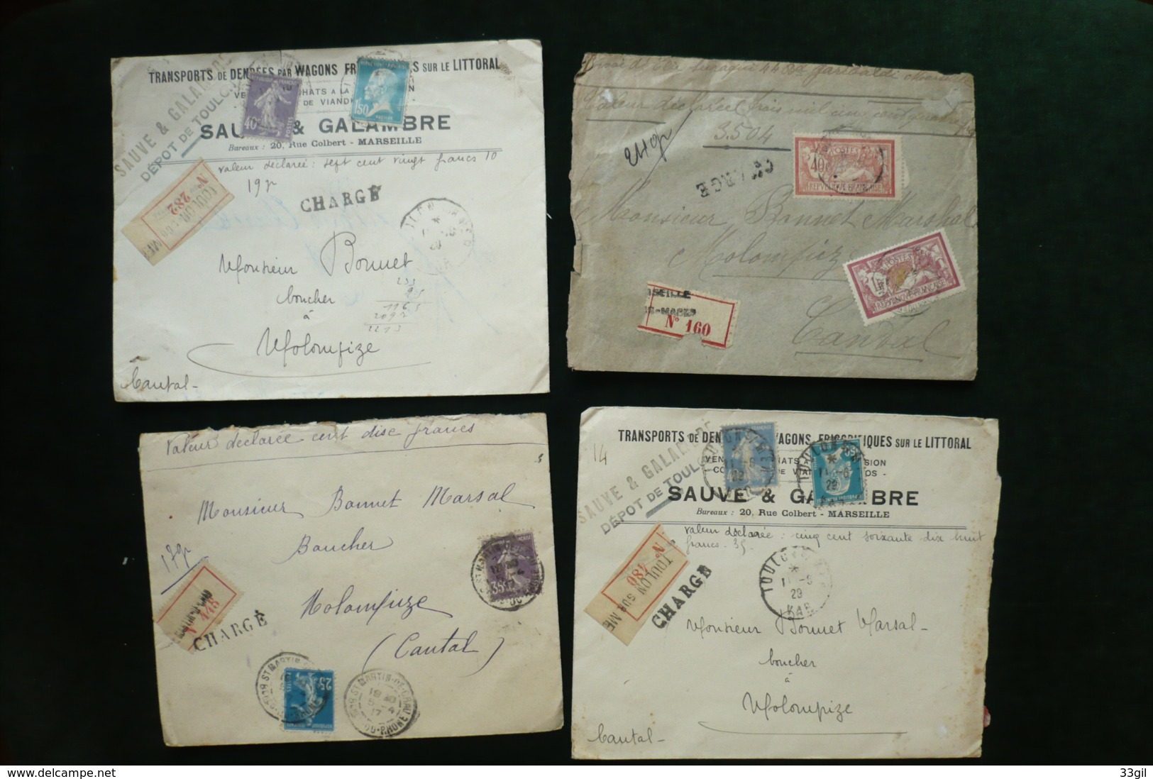 lot 12 lettres chargées 1910/1931 boucherie semeuse merson .....cachets cire rouge