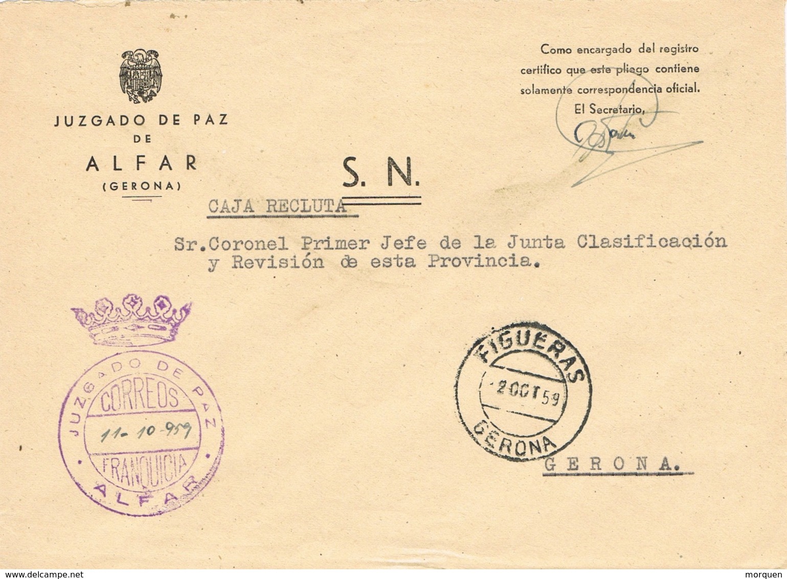 34090. Carta S.N. Franquicia Juzgado De Paz ALFAR (Gerona) 1959. Fechador Transito Figueras - Briefe U. Dokumente