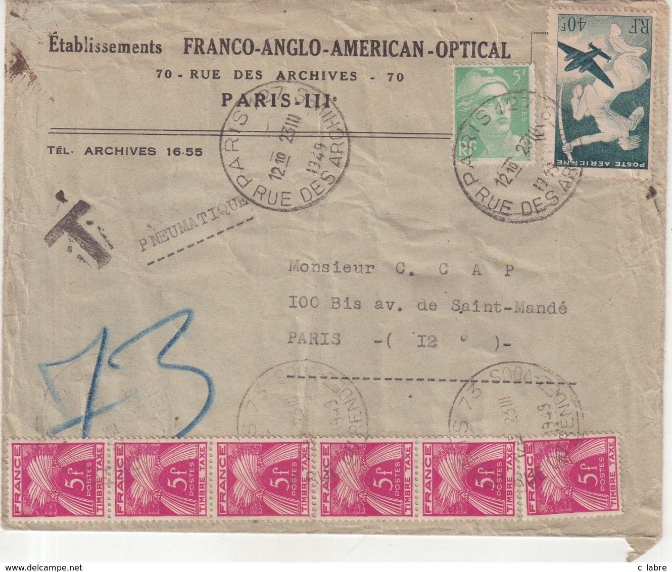 FRANCE : TYPE GANDON . PNEUMATIQUE . TAXE A 30F . 1949 . - 1859-1959 Covers & Documents