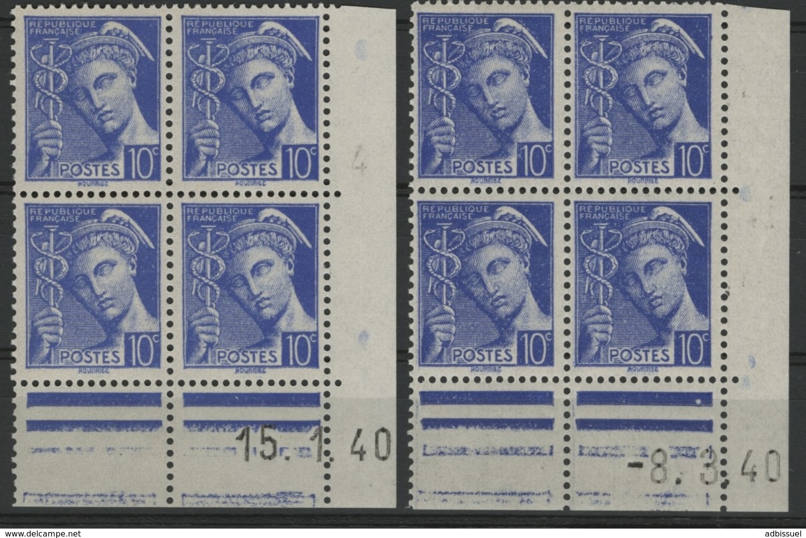 N° 407 **(MNH) Deux Coins Datés Différents Du 15/1/40 Et 8/3/40 / Blocs De Quatre "Mercure". - 1940-1949