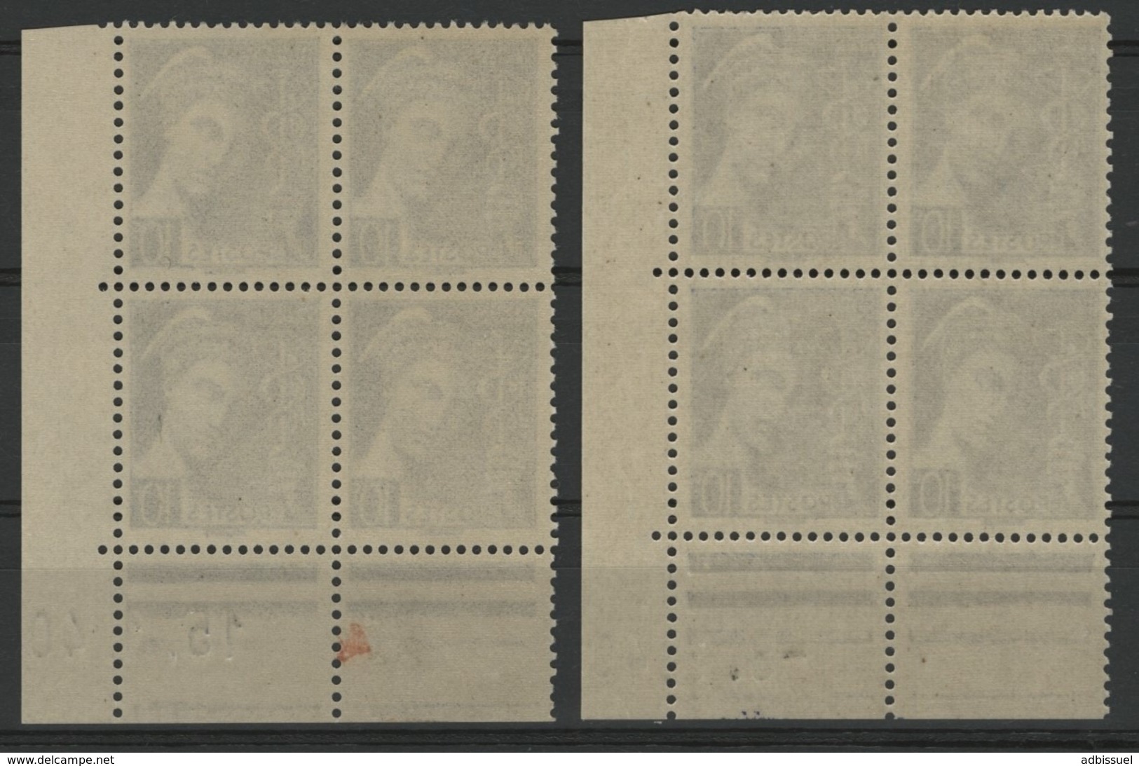 N° 407 **(MNH) Deux Coins Datés Différents Du 15/1/40 Et 8/3/40 / Blocs De Quatre "Mercure". - 1940-1949