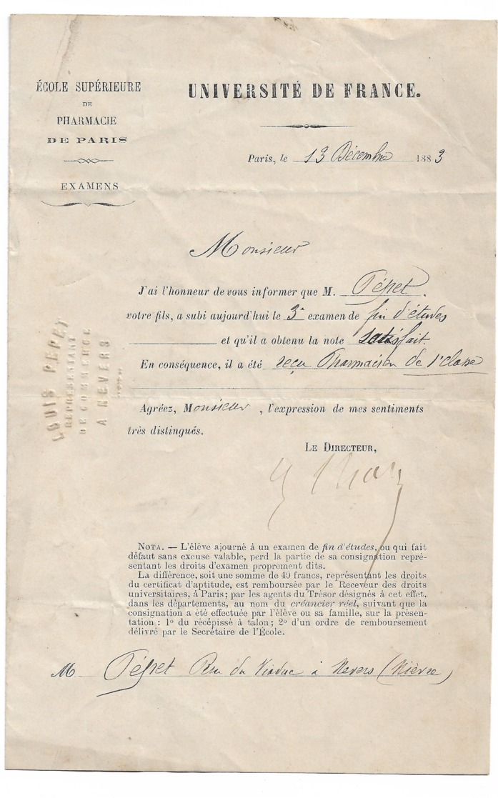 Pharmacie: Nomination Pharmacien De 1ere Classe  1883  Nevers         " école Supérieure De Pharmacie" - Non Classés