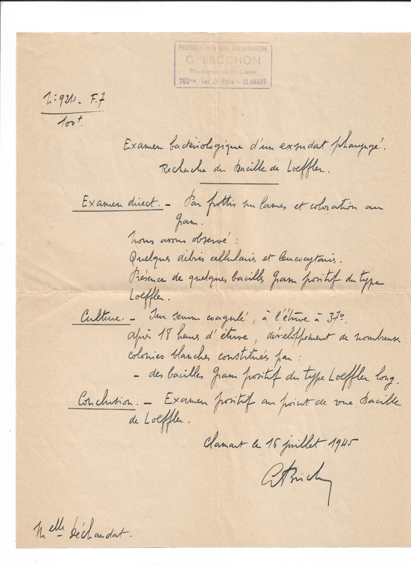 Santé Médecine: Examen Bacteriologique Recherche De Bacille De Loeffer  1945  CLAMART - Non Classés