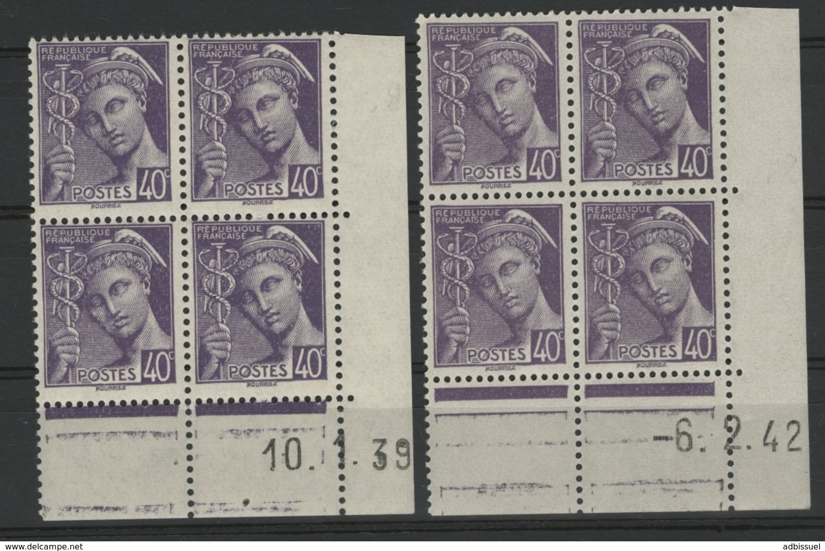 N° 413 **(MNH) Deux Coins Datés Du 10/1/39 Et 6/2/42 / Blocs De Quatre "Mercure". - 1930-1939