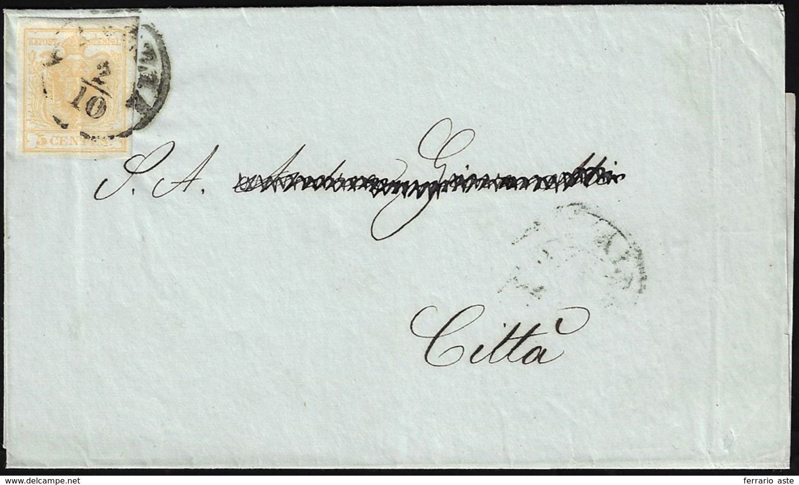 1850 - 5 Cent. Giallo Ocra (1), Lieve Grinza Di Applicazione, Isolato Su Sovracoperta Di Circolare D... - Lombardije-Venetië