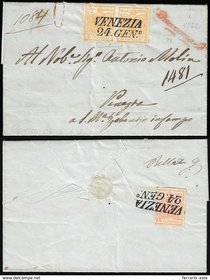 1852 - 5 Cent. Giallo Ocra, Coppia, Perfetta E, Al Verso, 15 Cent. Rosa, III Tipo, Intaccato A Sinis... - Lombardo-Veneto