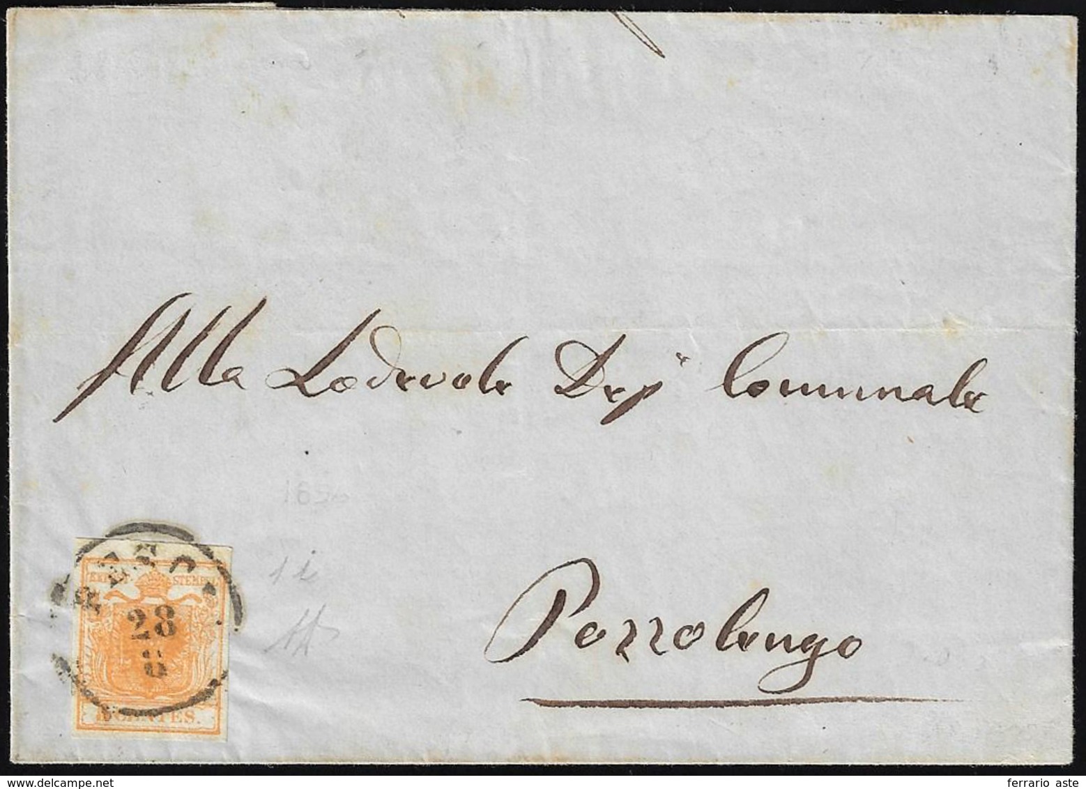 1856 - 5 Cent. Arancio Carico (1i), Perfetto, Isolato Su Sovracoperta Di Circolare Da Brescia 28/8/1... - Lombardo-Veneto