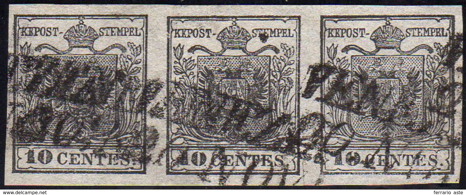 1850 - 10 Cent. Nero, Carta A Mano (2), Striscia Di Tre, Perfetta, Usata A Venezia 20/11. A.Diena, G... - Lombardo-Veneto